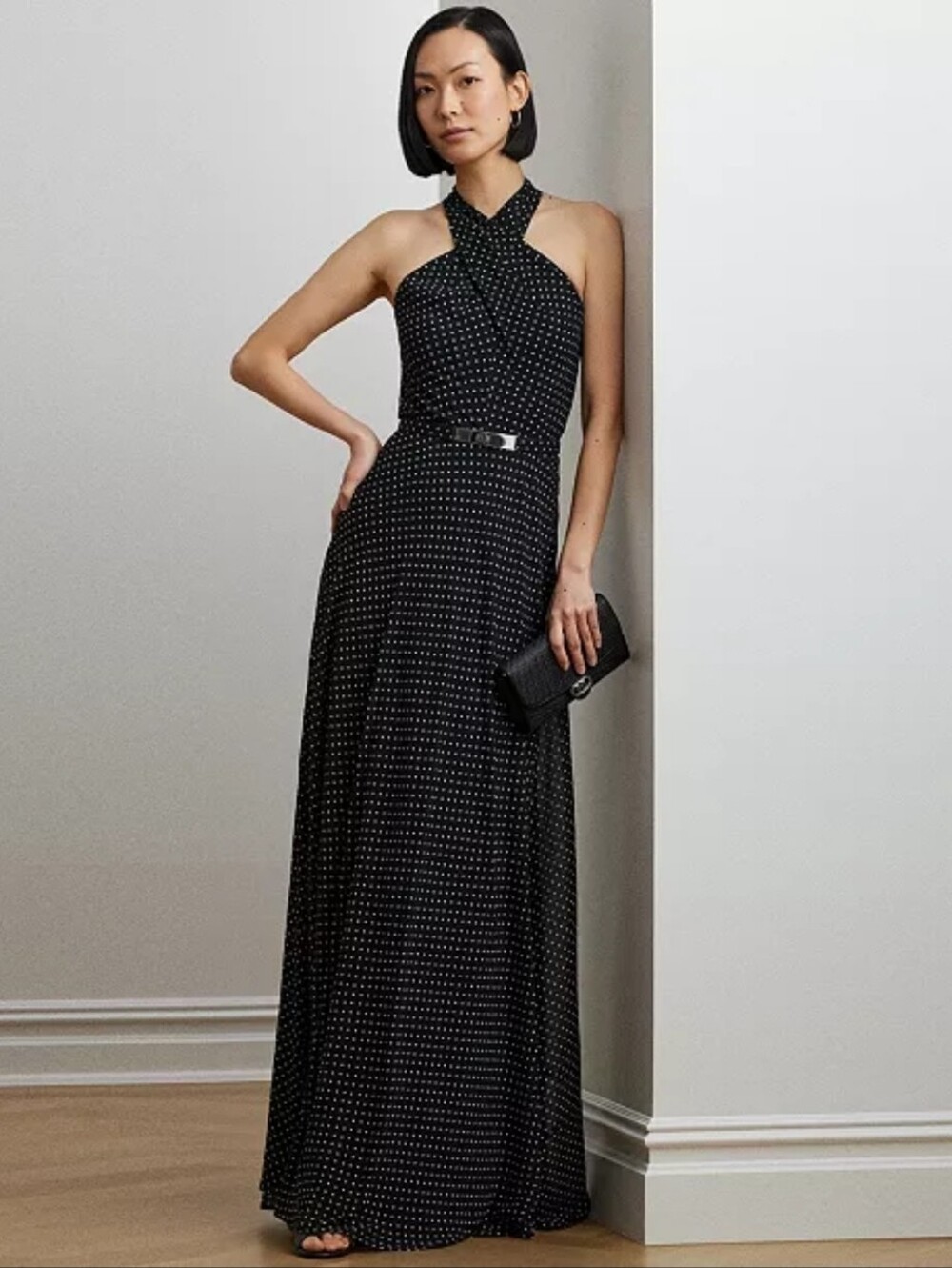 Lauren Ralph Lauren Polka Dot Georgette Halter Maxi Dress Size 14 NWT Formal